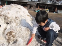 溶けなかった雪で遊んだよ。