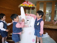 花御堂が出来上がると白い象にも興味をもった年少児